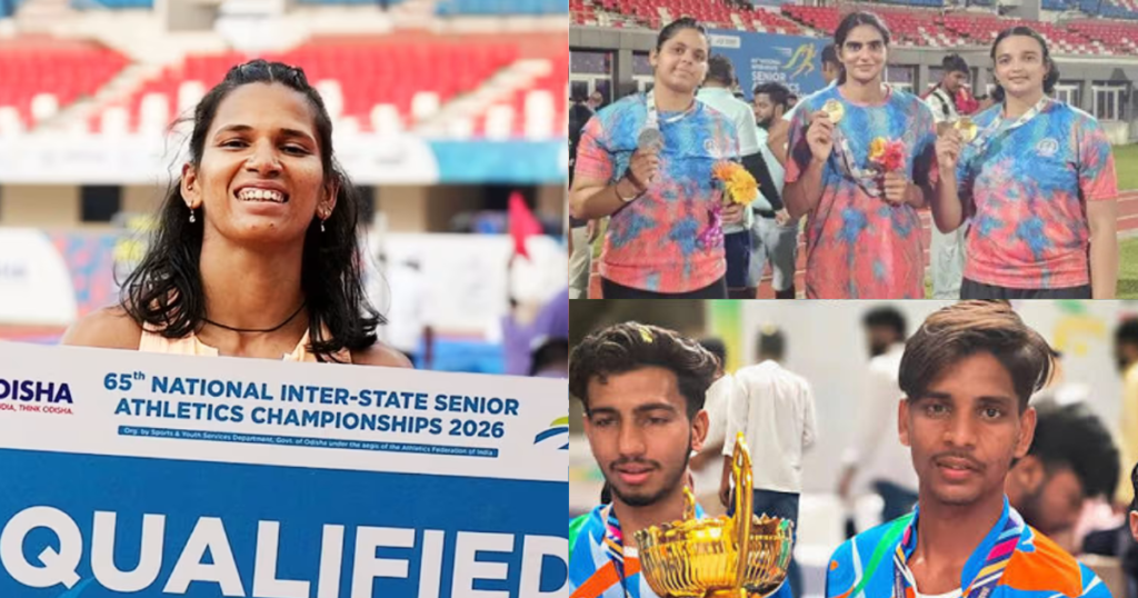 Indian athletics players celebrating after qualifying at the 65th National Inter-State Senior Athletics Championships 2026 in Bhubaneswar, Odisha.